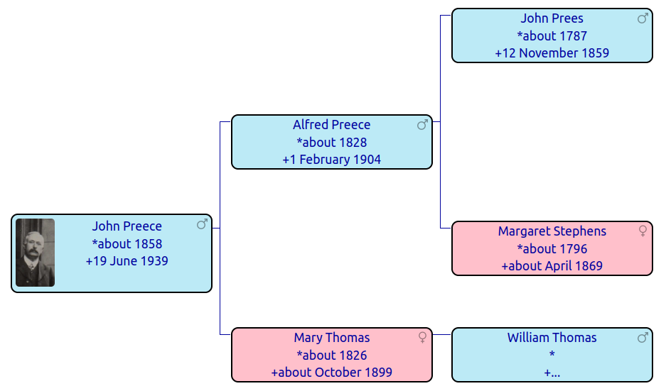 Pedigree chart for John Preece. His parents are Alfred Preece and Mary Thomas. Alfred's parents are John Prees and Margaret Stephens. Mary's father is William Thomas.