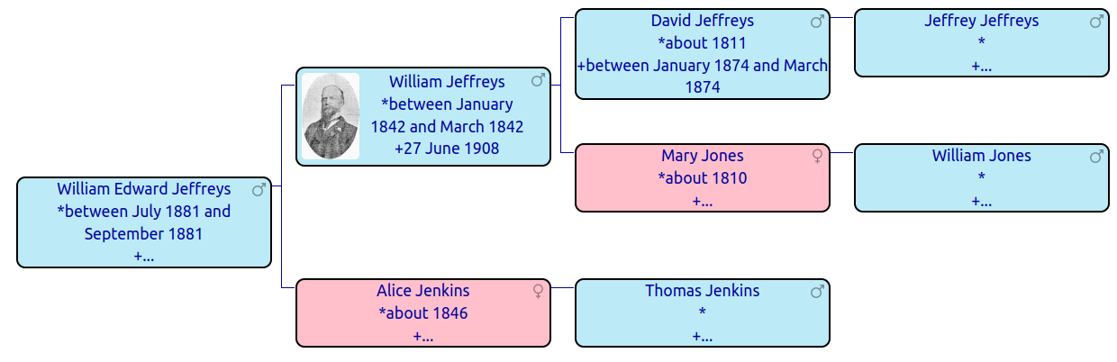 Pedigree chart for William Edward Jeffreys. His parents are William Jeffreys and Alice Jenkins. William Sr's parents are David Jeffreys and Mary Jones. David's father is Jeffrey Jeffreys. Mary's father is William Jones. Alice's father is Thomas Jenkins.