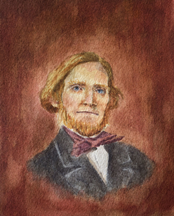 A painting of Dafydd John: a head-and-shoulders portrait of a man, probably mid-30s, facing forwards, with a beard and hair to his ears, wearing a dark coat, light-coloured shirt and a bow tie.
